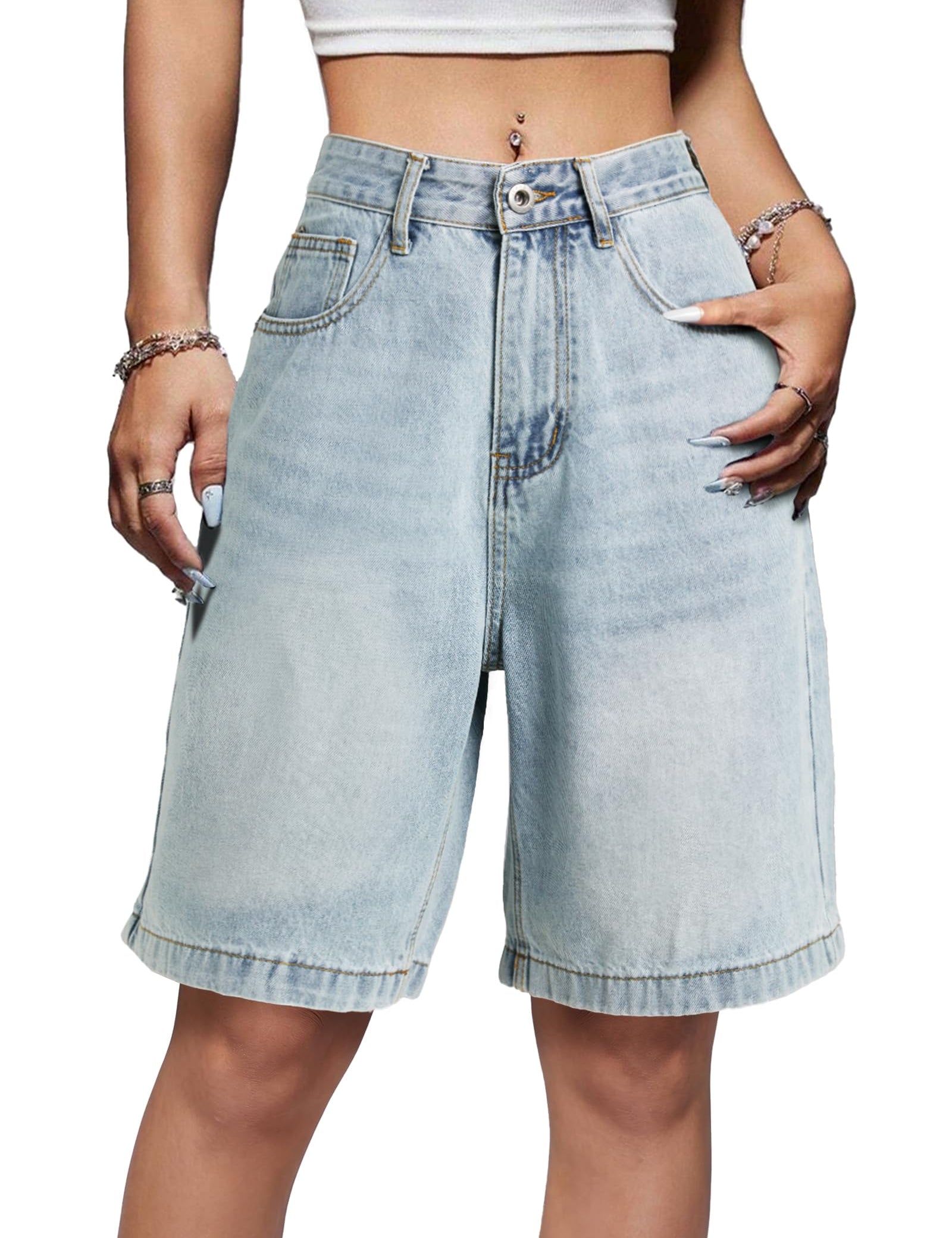 High Waisted Baggy Denim Bermuda Shorts