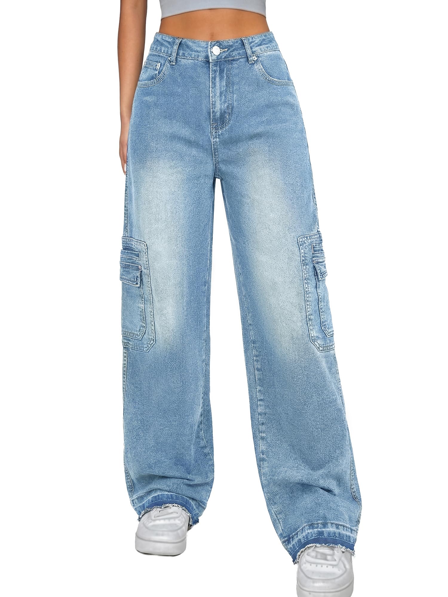 High Waisted Multi Pocket Denim Cargo Pants