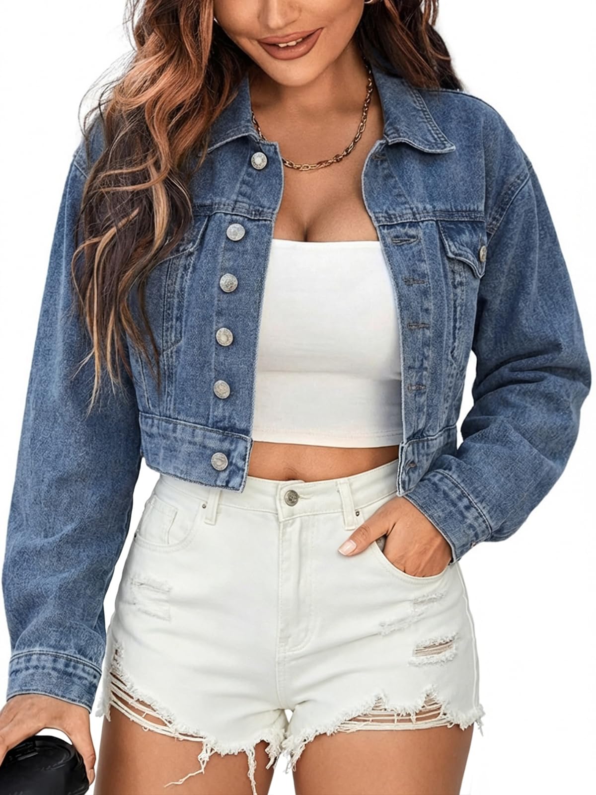 EMMIOL Women's Cropped Denim Jacket Lapel Long Sleeve Button Front | Short Jean Jacket, Chest pockets, Oversized Vintage Wash, Streetwear, Casual, Layering Coat
