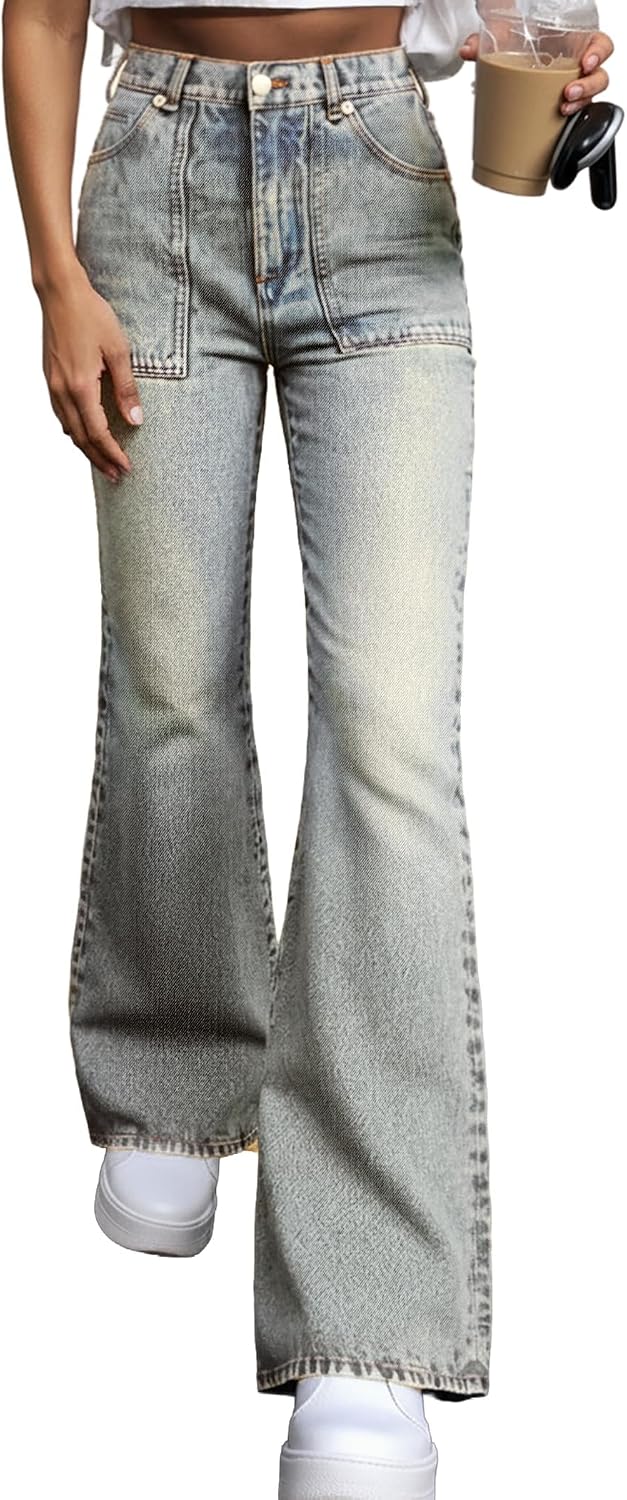 Women Mid Waisted Flare Jeans Y2K 90s Vintage Stretchy Bootcut Wide Leg Denim Pants Bell Bottom