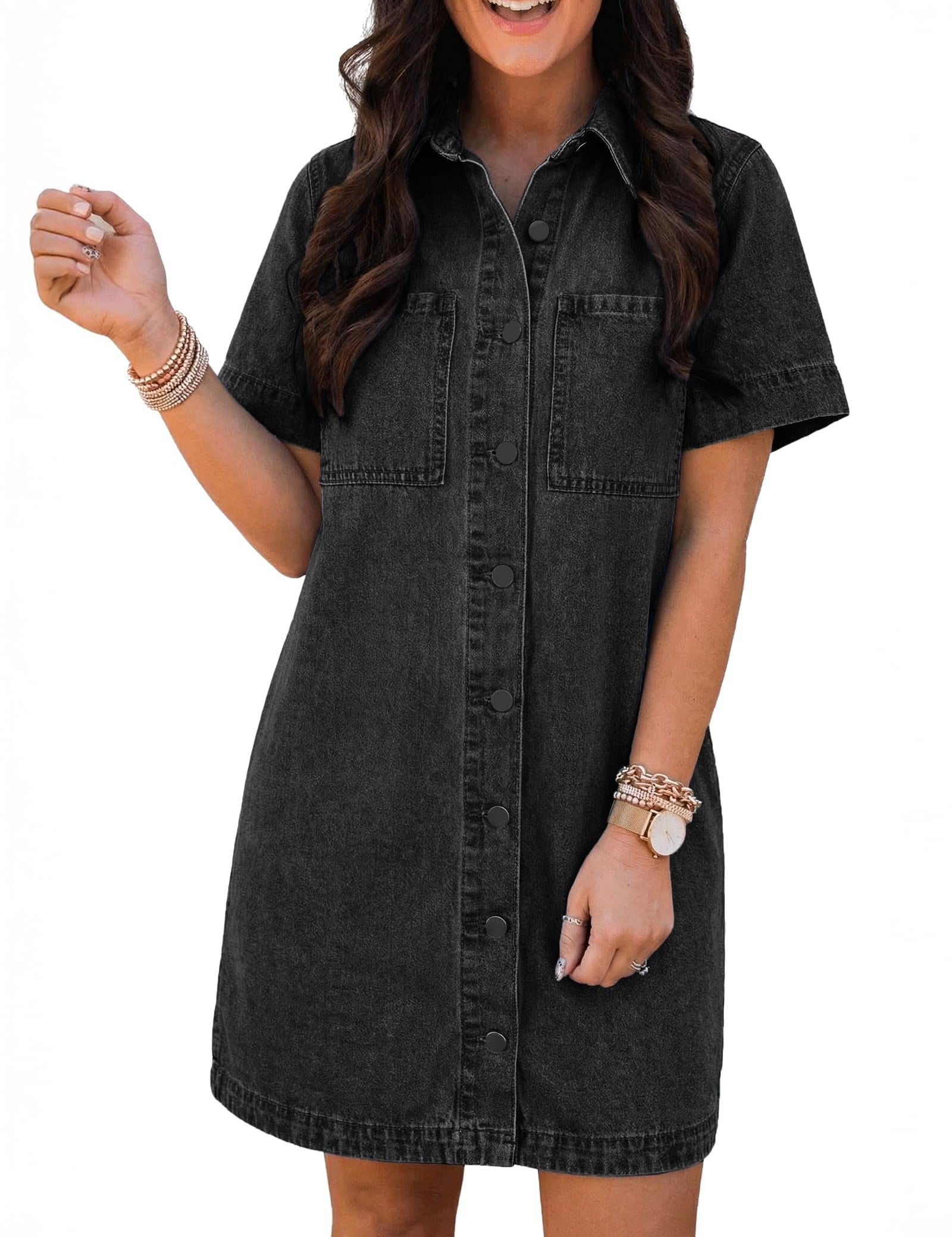 EMMIOL Button Down Denim Dress for Women - Short Sleeve Babydoll Mini Jean Shirt Dresses Summer Casual Trendy Outfits