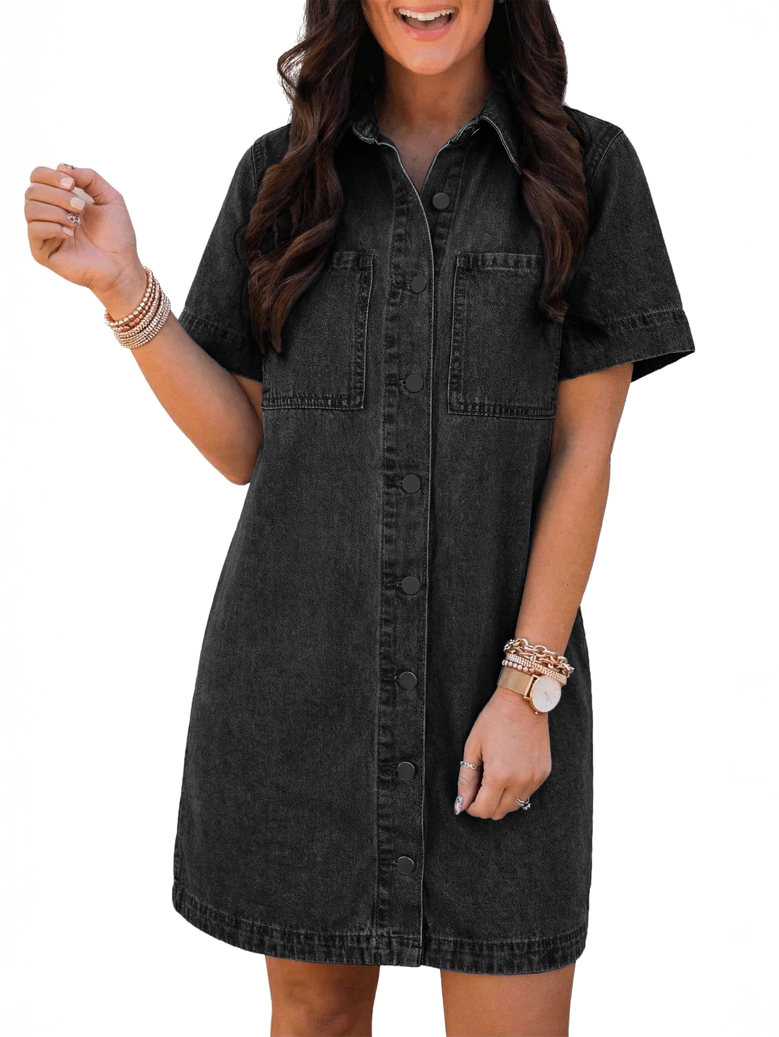 EMMIOL Button Down Denim Dress for Women - Short Sleeve Babydoll Mini Jean Shirt Dresses Summer Casual Trendy Outfits