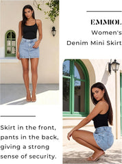 EMMIOL Denim Skort for Women High Waist Y2K Sexy Jean Mini Skirt | with Detachable Safety Shorts Pockets Strech 2026 Summer Trendy Clothes