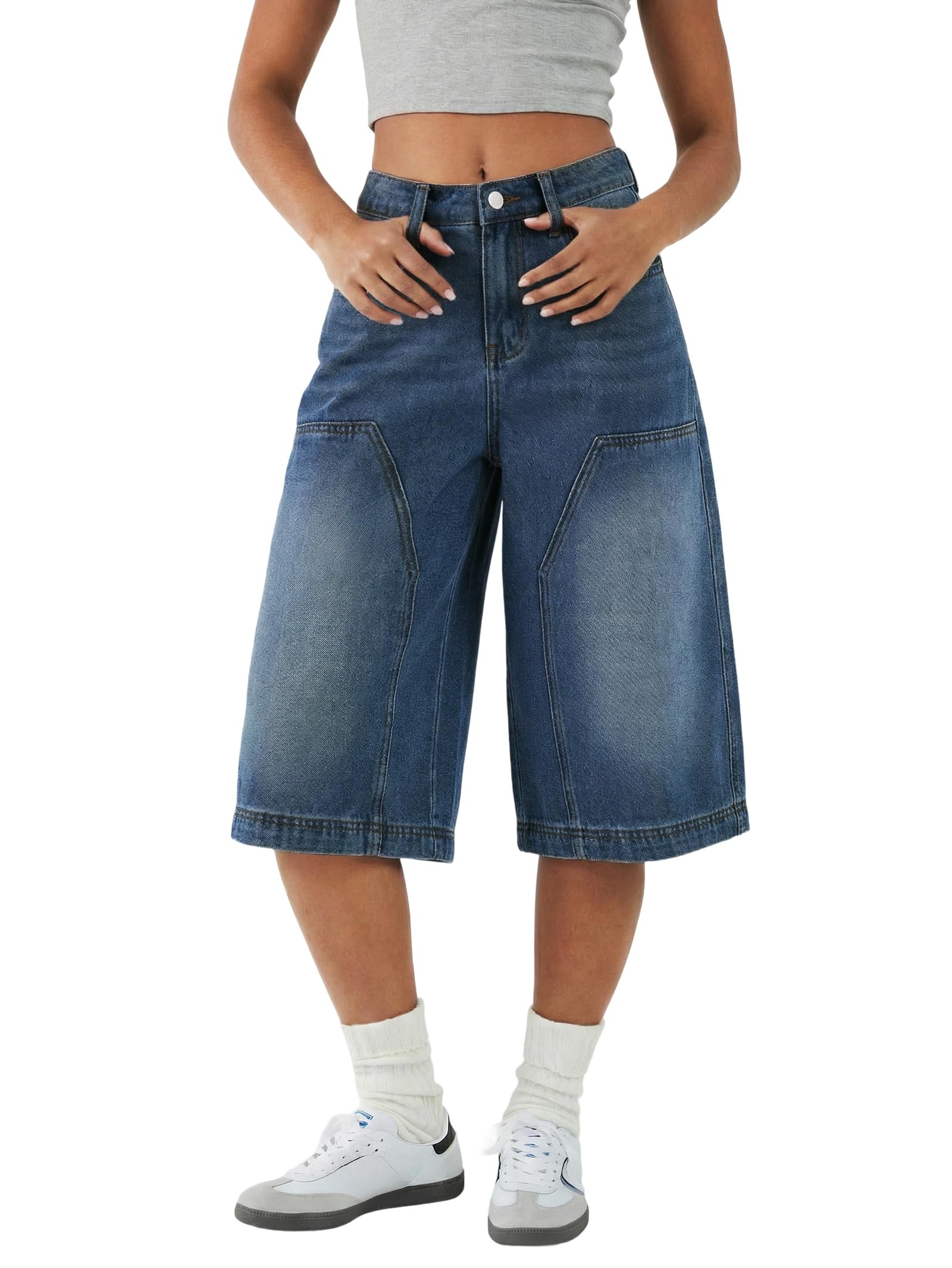 EMMIOL Bermuda Jean Shorts for Women Mid Waisted Denim Shorts | Knee Length, Baggy Jorts, Elastic Waist, Wide Leg, Jean Shorts with Pockets, Daily, Concert, Party, Relaxed Fit