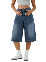 EMMIOL Bermuda Jean Shorts for Women Mid Waisted Denim Shorts | Knee Length, Baggy Jorts, Elastic Waist, Wide Leg, Jean Shorts with Pockets, Daily, Concert, Party, Relaxed Fit