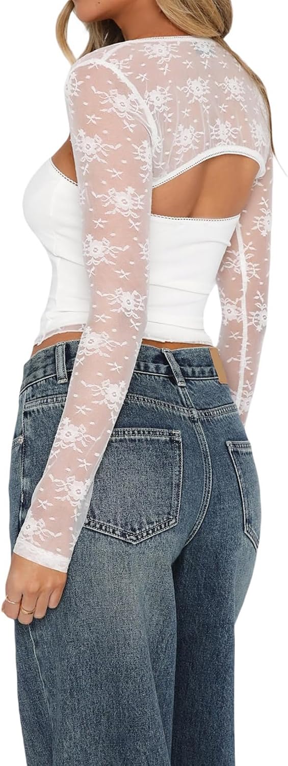 JOKELAMB Women's Lace Bolero Shrug, Sheer Floral Mesh Cropped Cardigan