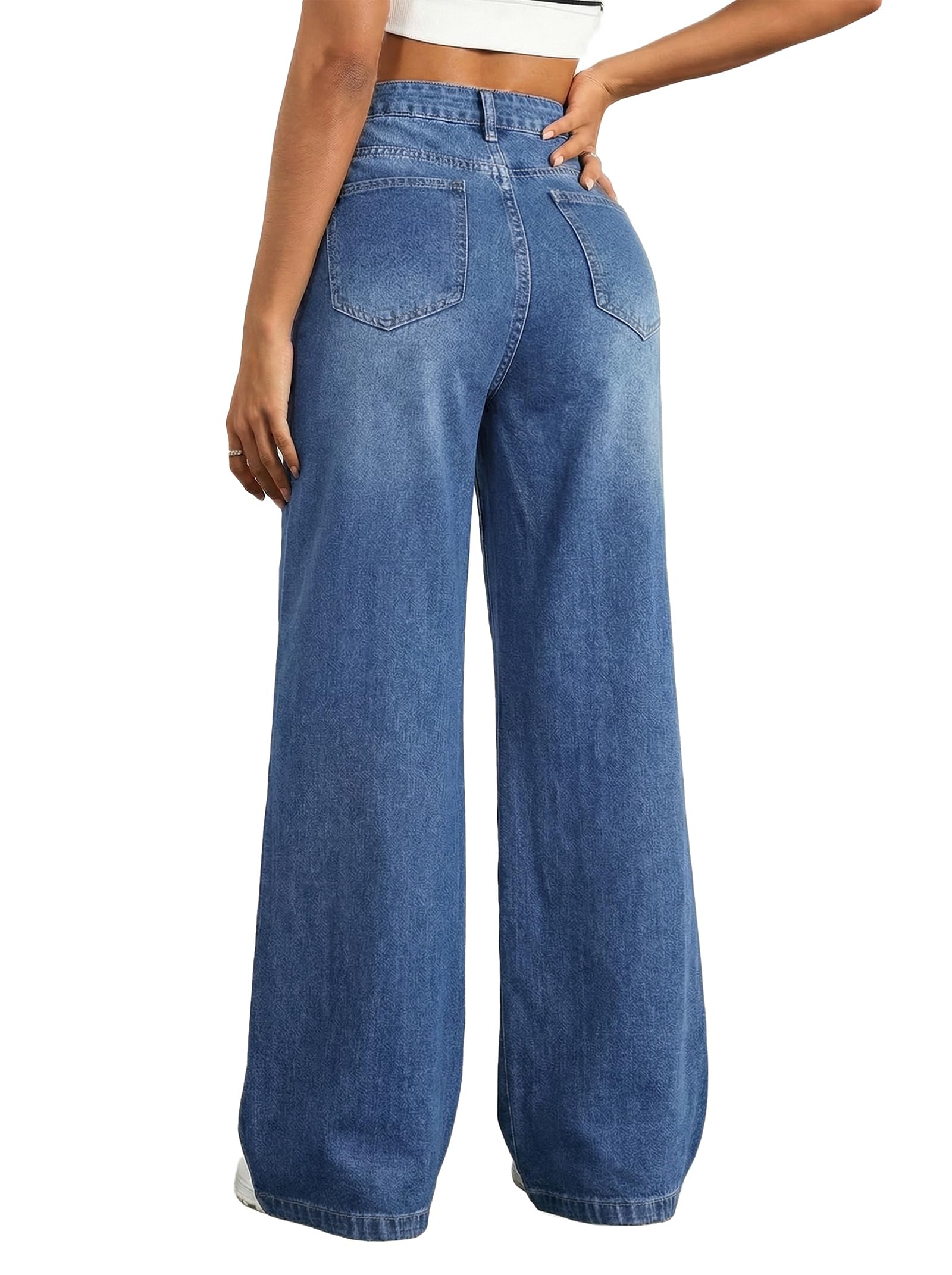 EMMIOL Wide Leg Baggy Jeans for Women Mid High Waisted Stretchy Denim Pants | Pull On Elastic Waist Jeans BBL Y2K Straight Leg Trousers Trendy Outfits