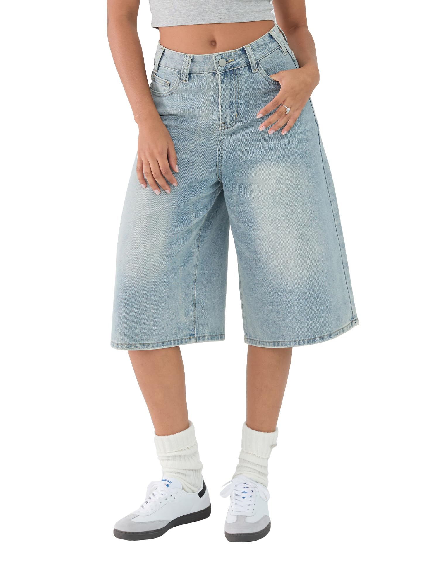 EMMIOL Machine Wash Y2K Jorts Women Wide Leg Baggy Long Jean Shorts Loose Fit Grunge Bermuda Denim Shorts