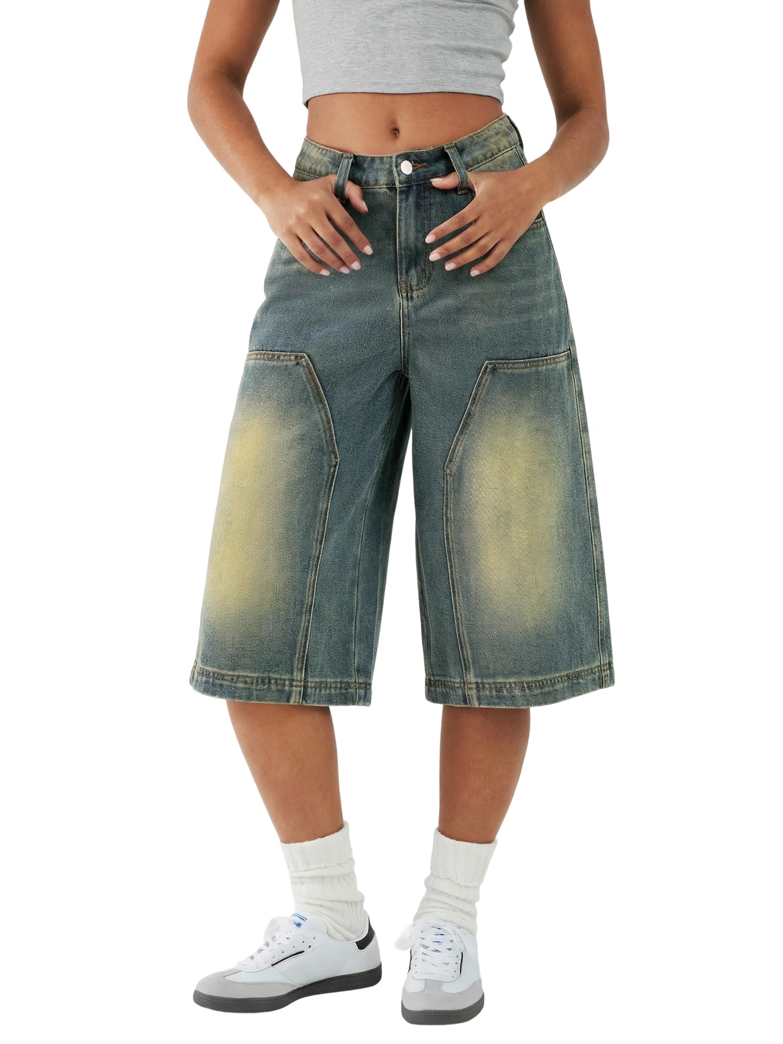 EMMIOL Bermuda Jean Shorts for Women Mid Waisted Denim Shorts | Knee Length, Baggy Jorts, Elastic Waist, Wide Leg, Jean Shorts with Pockets, Daily, Concert, Party, Relaxed Fit