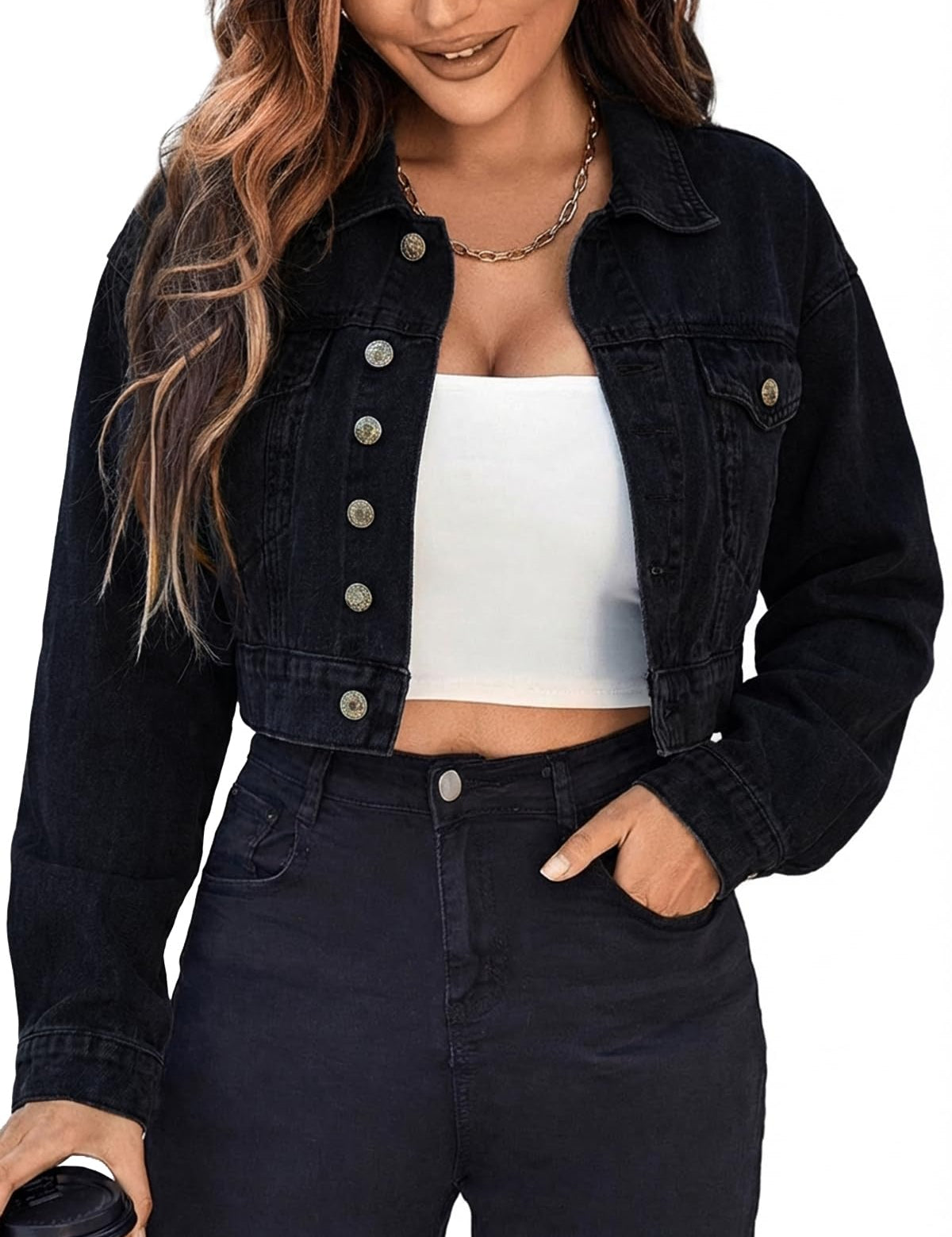 EMMIOL Women's Cropped Denim Jacket Lapel Long Sleeve Button Front | Short Jean Jacket, Chest pockets, Oversized Vintage Wash, Streetwear, Casual, Layering Coat