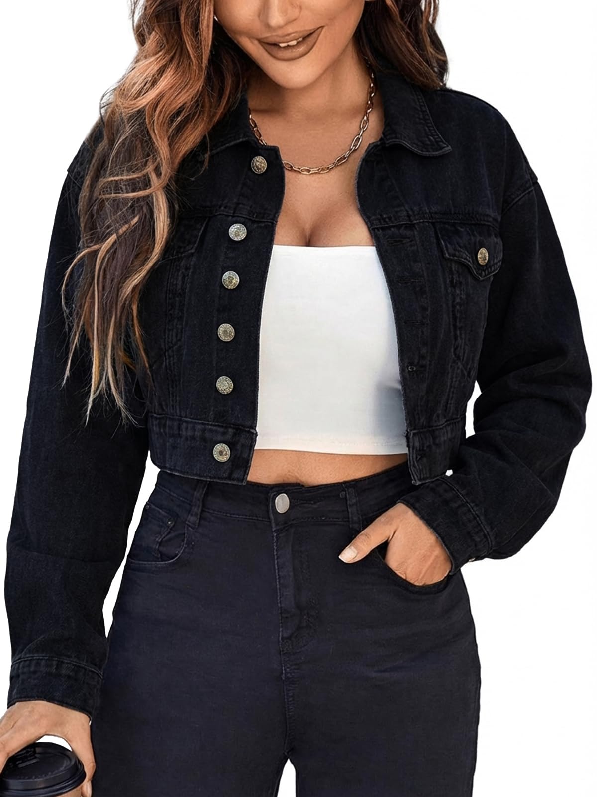 EMMIOL Women's Cropped Denim Jacket Lapel Long Sleeve Button Front | Short Jean Jacket, Chest pockets, Oversized Vintage Wash, Streetwear, Casual, Layering Coat