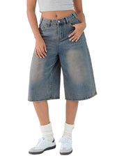 EMMIOL Machine Wash Y2K Jorts Women Wide Leg Baggy Long Jean Shorts Loose Fit Grunge Bermuda Denim Shorts