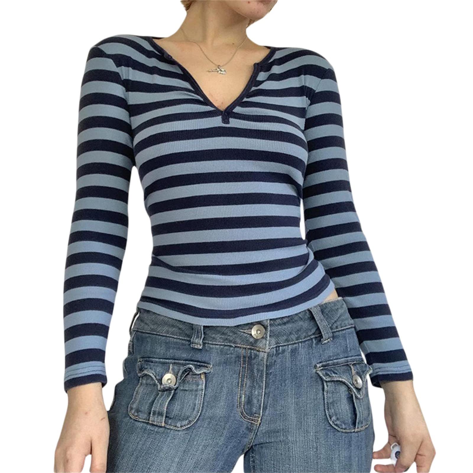 Womens Lace Long Sleeve Top Paneled Henley Shirts Y2k 2000s Fitted Going Out Tops Blouse