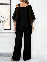Irregular Layered Chiffon Top & Wide-Leg Pants Set