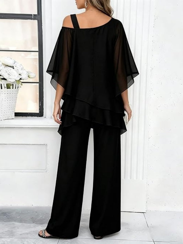 Irregular Layered Chiffon Top & Wide-Leg Pants Set