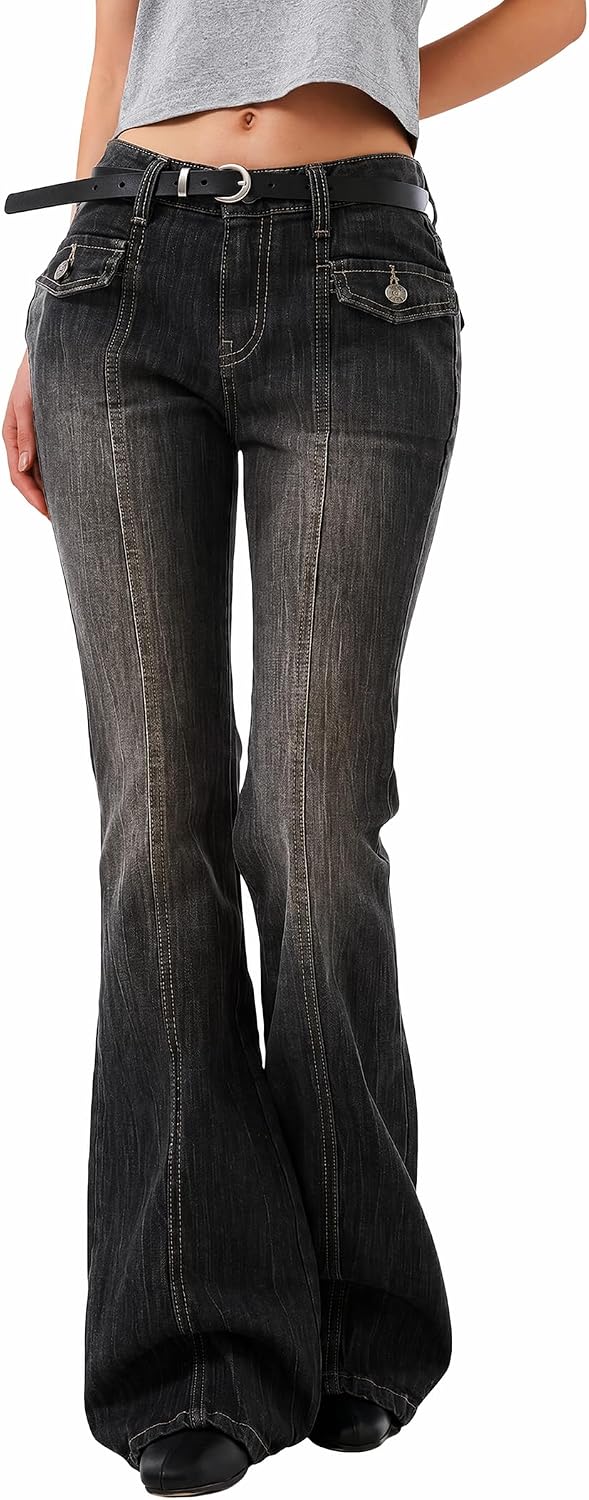 EMMIOL Mid-Low Rise Flare Jeans for Women, Y2K Baggy Boot Cut Flared Bootcut Wide Leg Womens Denim Pants Stretch