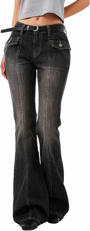 EMMIOL Mid-Low Rise Flare Jeans for Women, Y2K Baggy Boot Cut Flared Bootcut Wide Leg Womens Denim Pants Stretch