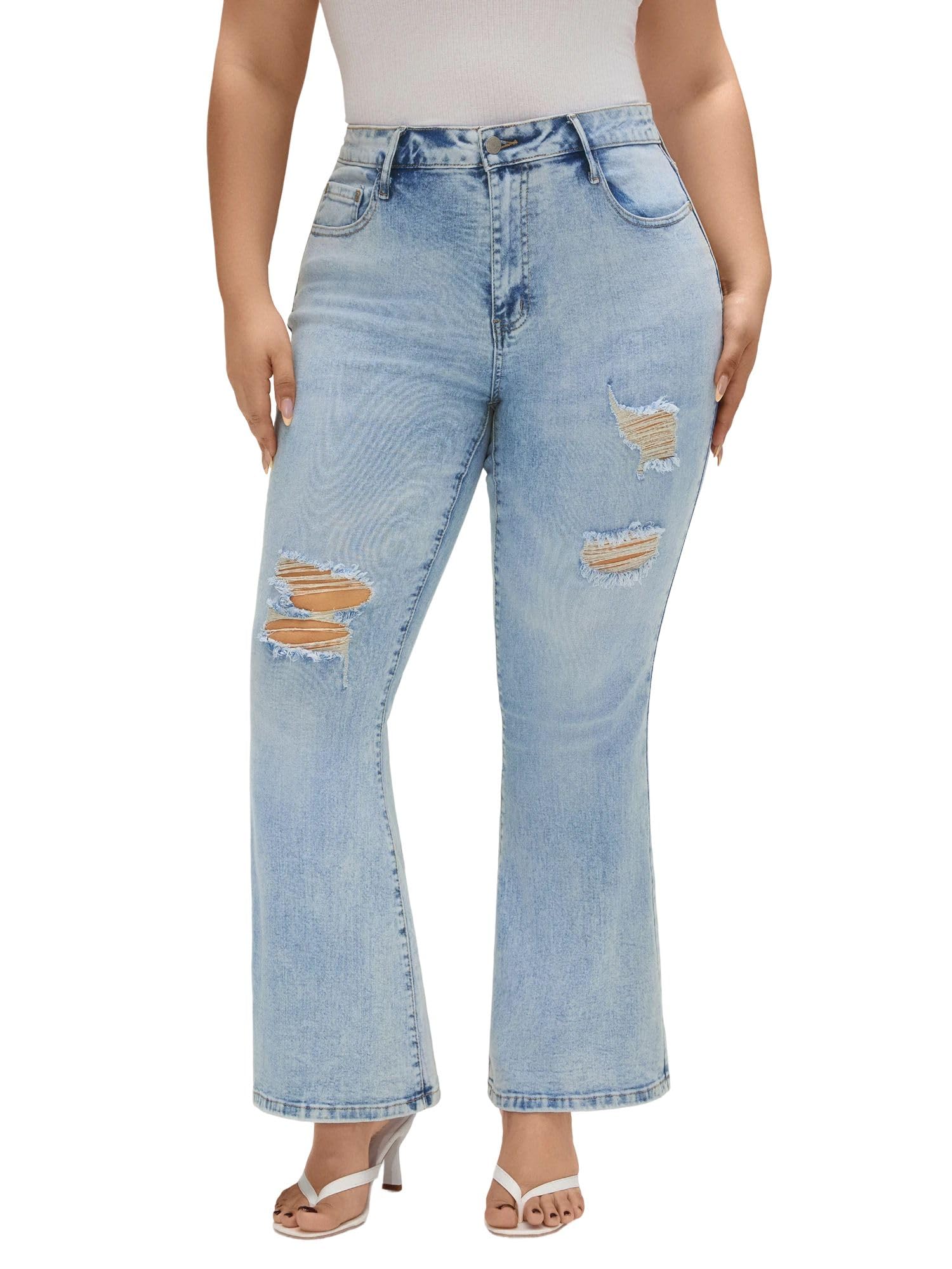 EMMIOL Flare Jeans for Women High Waisted Women's Stretch Bootcut Jeans | Plus Size Bell Bottom Denim Pants with Pockets,Y2K Look,Ripped Design