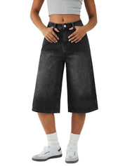 EMMIOL Bermuda Jean Shorts for Women Mid Waisted Denim Shorts | Knee Length, Baggy Jorts, Elastic Waist, Wide Leg, Jean Shorts with Pockets, Daily, Concert, Party, Relaxed Fit