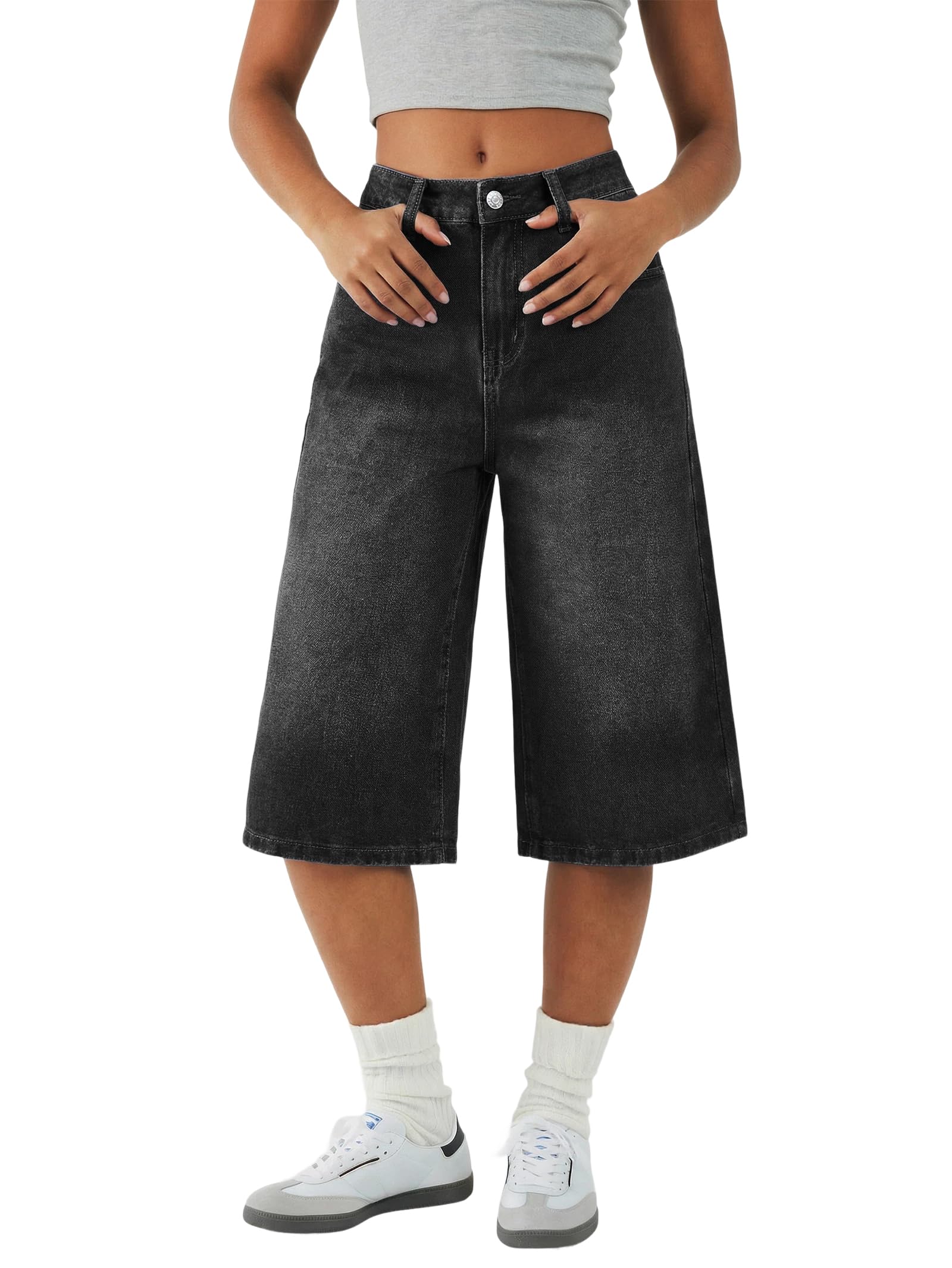 EMMIOL Bermuda Jean Shorts for Women Mid Waisted Denim Shorts | Knee Length, Baggy Jorts, Elastic Waist, Wide Leg, Jean Shorts with Pockets, Daily, Concert, Party, Relaxed Fit
