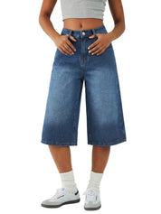 EMMIOL Bermuda Jean Shorts for Women Mid Waisted Denim Shorts | Knee Length, Baggy Jorts, Elastic Waist, Wide Leg, Jean Shorts with Pockets, Daily, Concert, Party, Relaxed Fit