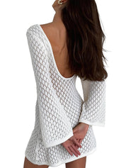 EMMIOL Swimsuit Coverup for Women Crochet V Neck Long Sleeves Beach Dress | Backless Bathing Suit Bikini Vacation Swimwear