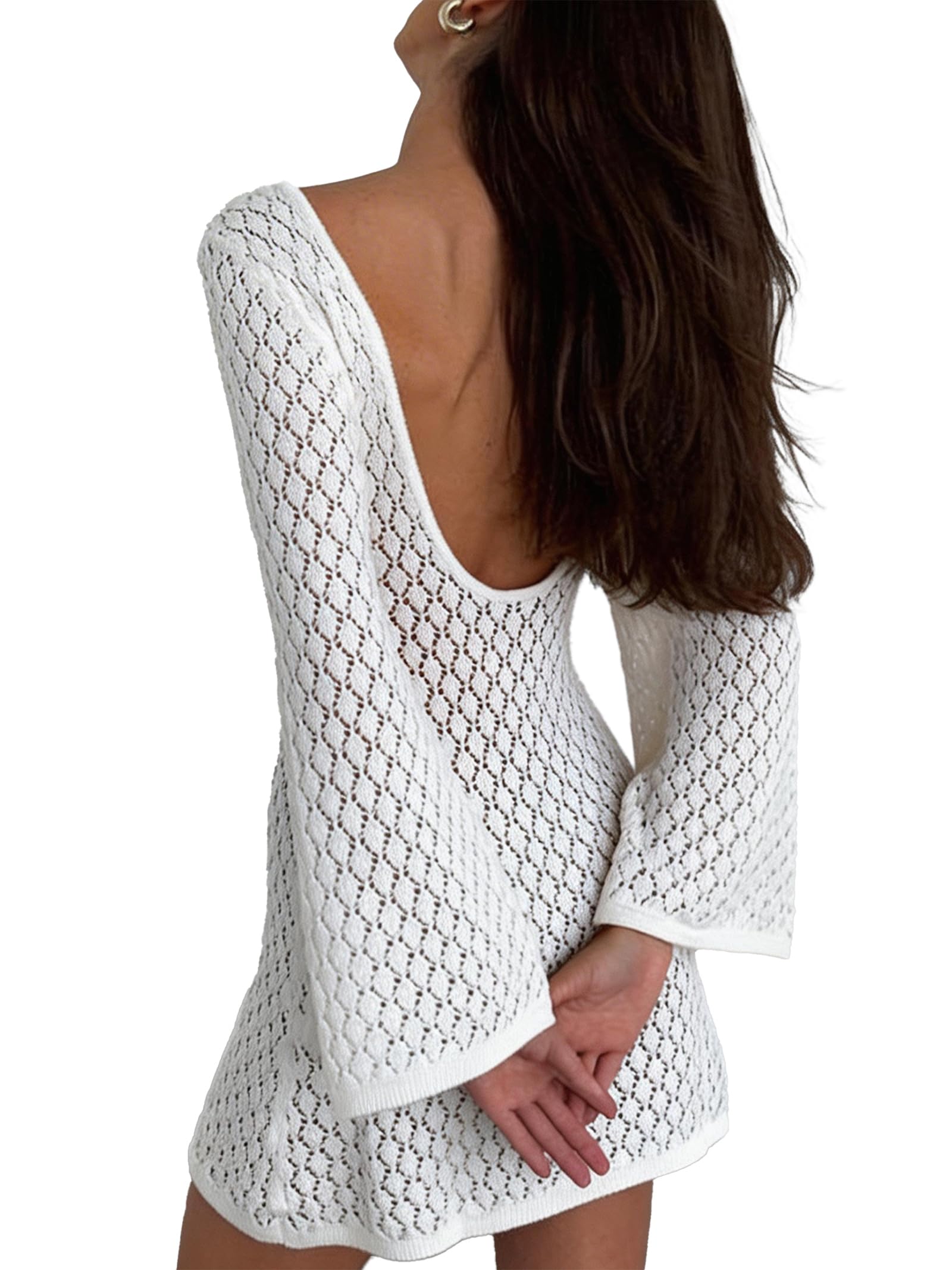 EMMIOL Swimsuit Coverup for Women Crochet V Neck Long Sleeves Beach Dress | Backless Bathing Suit Bikini Vacation Swimwear