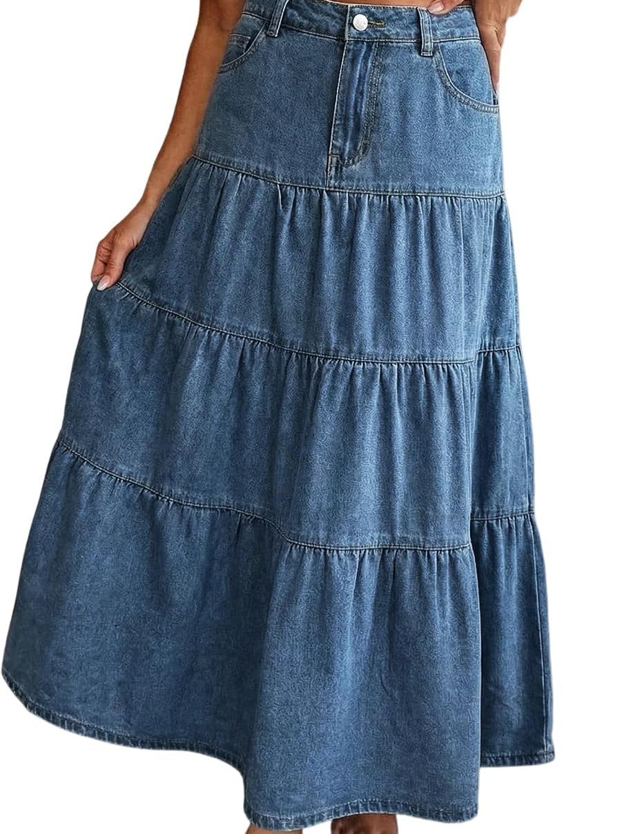EMMIOL Long Denim Skirt for Women - High Waisted A-Line Jean Maxi Skirts Dark Wash Tiered Swing Jean Skirt with Pockets