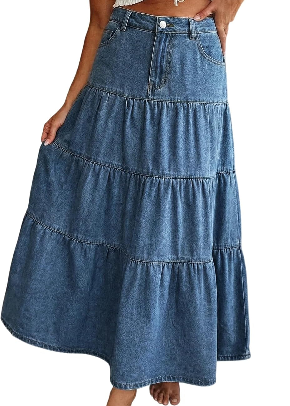 EMMIOL Long Denim Skirt for Women - High Waisted A-Line Jean Maxi Skirts Dark Wash Tiered Swing Jean Skirt with Pockets