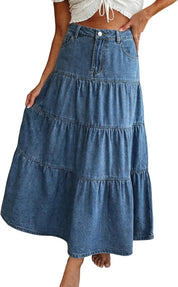 EMMIOL Long Denim Skirt for Women - High Waisted A-Line Jean Maxi Skirts Dark Wash Tiered Swing Jean Skirt with Pockets