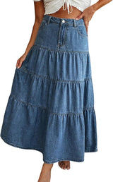 High Waisted A-Line Jean Maxi Skirts with Pockets