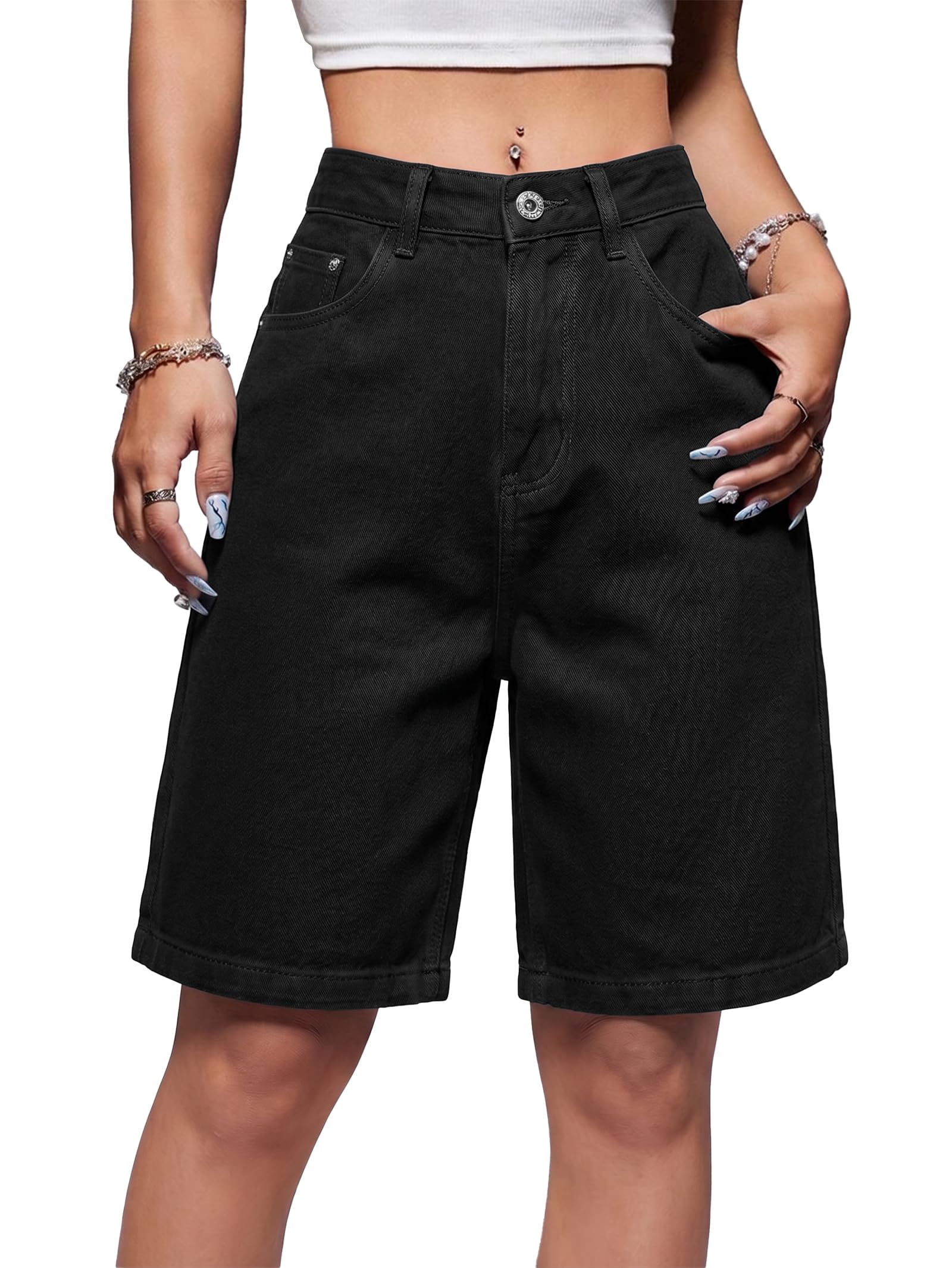 High Waisted Baggy Denim Bermuda Shorts