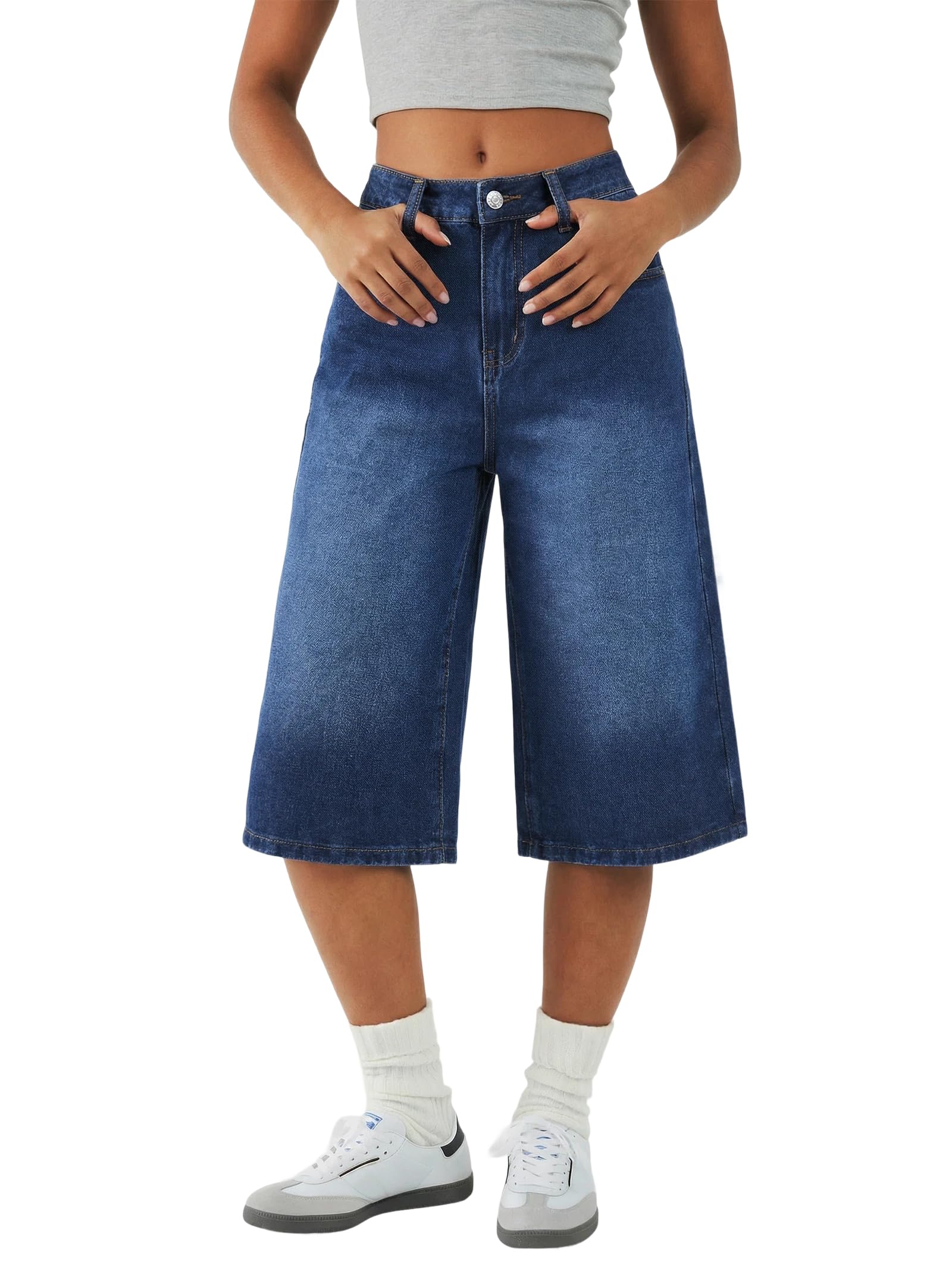 EMMIOL Bermuda Jean Shorts for Women Mid Waisted Denim Shorts | Knee Length, Baggy Jorts, Elastic Waist, Wide Leg, Jean Shorts with Pockets, Daily, Concert, Party, Relaxed Fit