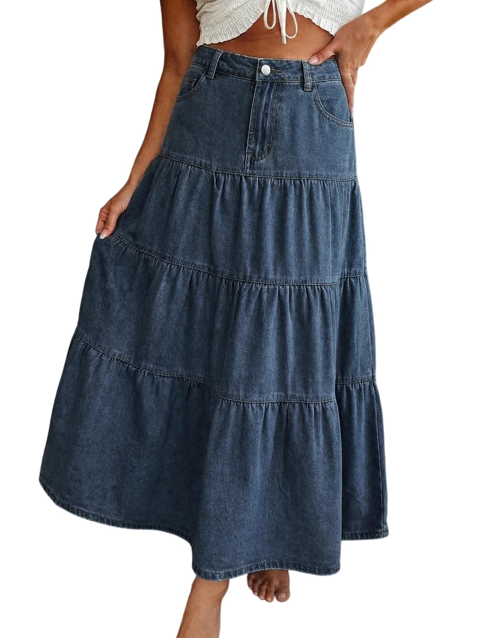 EMMIOL Long Denim Skirt for Women - High Waisted A-Line Jean Maxi Skirts Dark Wash Tiered Swing Jean Skirt with Pockets