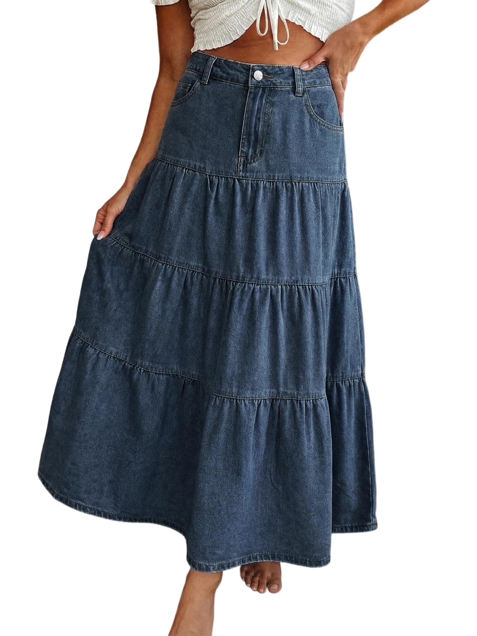 EMMIOL Long Denim Skirt for Women - High Waisted A-Line Jean Maxi Skirts Dark Wash Tiered Swing Jean Skirt with Pockets