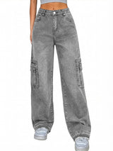 High Waisted Multi Pocket Denim Cargo Pants