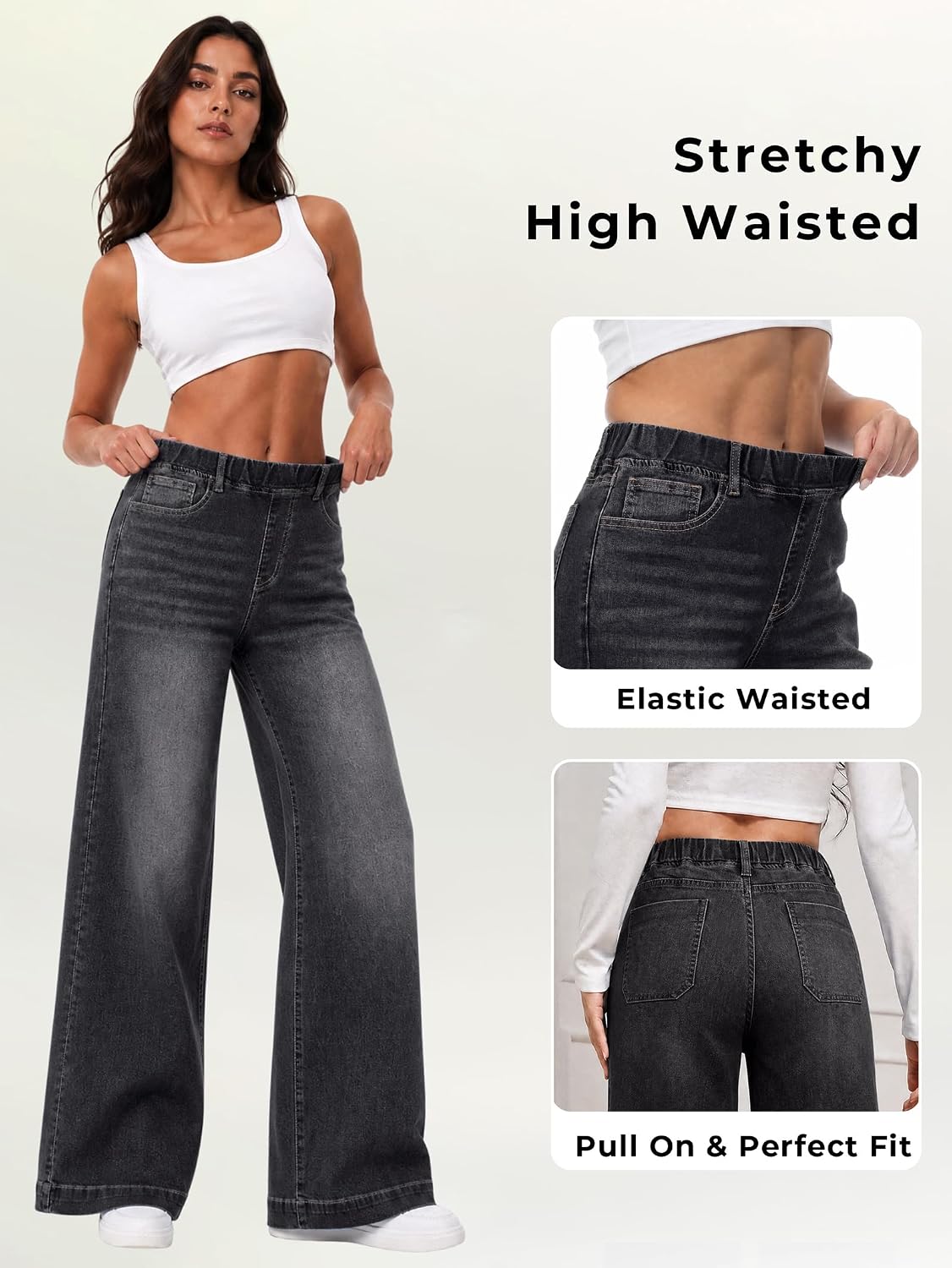 EMMIOL Wide Leg Baggy Jeans for Women Mid High Waisted Stretchy Denim Pants | Pull On Elastic Waist Jeans BBL Y2K Straight Leg Trousers Trendy Outfits