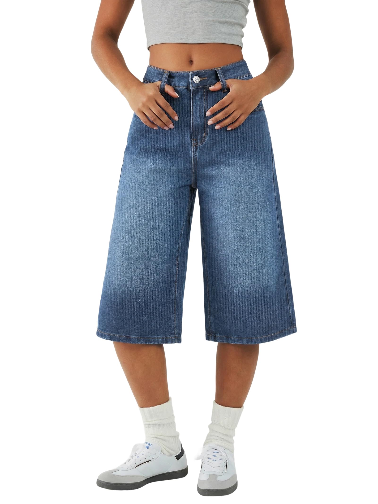 EMMIOL Bermuda Jean Shorts for Women Mid Waisted Denim Shorts | Knee Length, Baggy Jorts, Elastic Waist, Wide Leg, Jean Shorts with Pockets, Daily, Concert, Party, Relaxed Fit