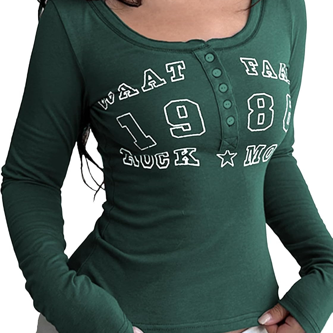 Women Long Sleeve Shirts Henley T-Shirts Ribbed Graphic Crop Tops Cute Tee Going Out