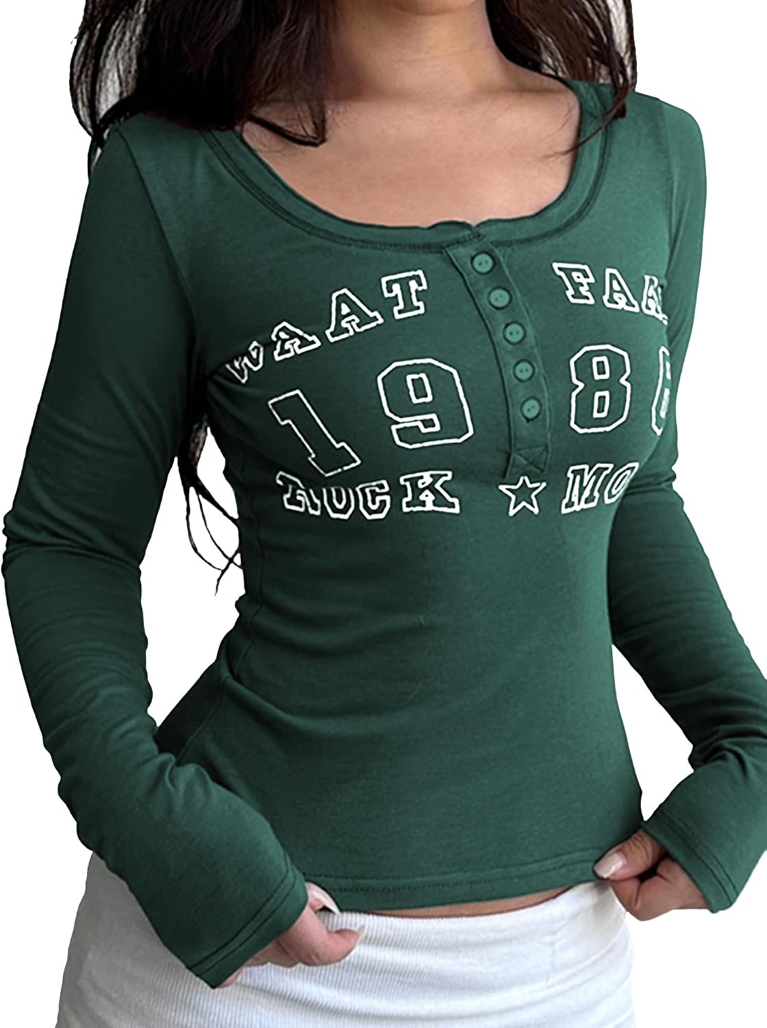 Women Long Sleeve Shirts Henley T-Shirts Ribbed Graphic Crop Tops Cute Tee Going Out