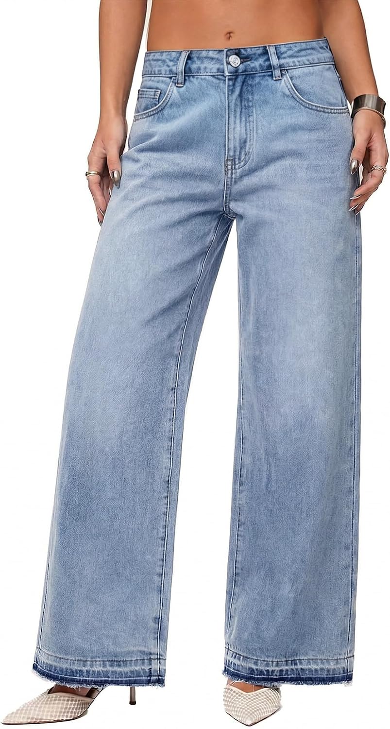 EMMIOL High Waisted Baggy Jeans Women Tall Y2K Wide Leg Jean | Trendy Straight Leg Denim Pants with Frayed Raw Hem Front and Back Pockets