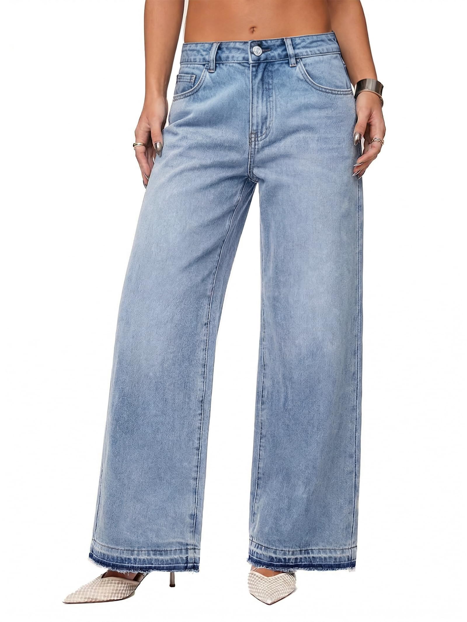 EMMIOL High Waisted Baggy Jeans Women Tall Y2K Wide Leg Jean | Trendy Straight Leg Denim Pants with Frayed Raw Hem Front and Back Pockets