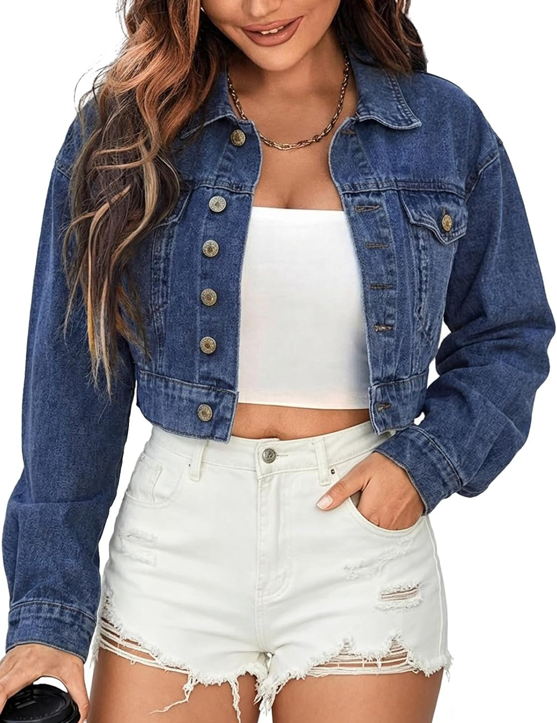 EMMIOL Women's Cropped Denim Jacket Lapel Long Sleeve Button Front | Short Jean Jacket, Chest pockets, Oversized Vintage Wash, Streetwear, Casual, Layering Coat