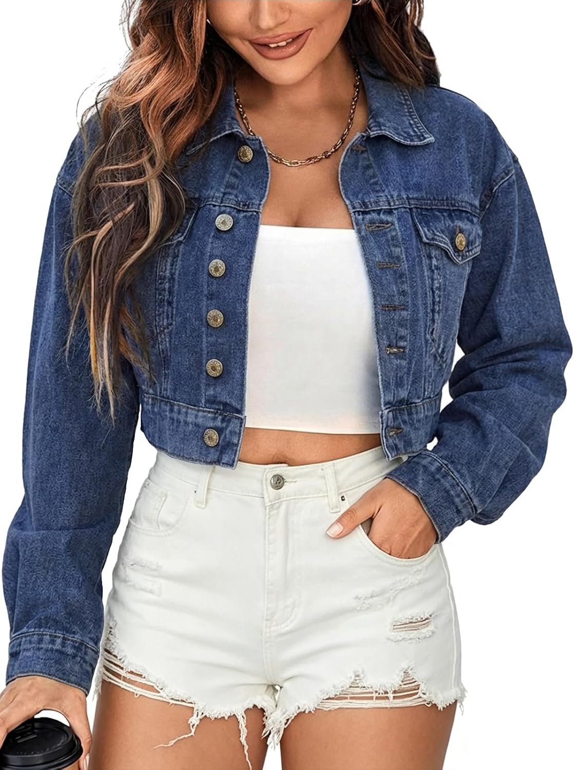 EMMIOL Women's Cropped Denim Jacket Lapel Long Sleeve Button Front | Short Jean Jacket, Chest pockets, Oversized Vintage Wash, Streetwear, Casual, Layering Coat