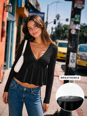 EMMIOL Peplum Tops for Women Long Sleeve Babydoll Tops Cute Y2K Shirts | V Neck with Lace Trim T Shirts, Casual Going Out Top 2026, Fall Trendy, Cute Summer Blouse, Peplum Tops, Stretchy Fabric