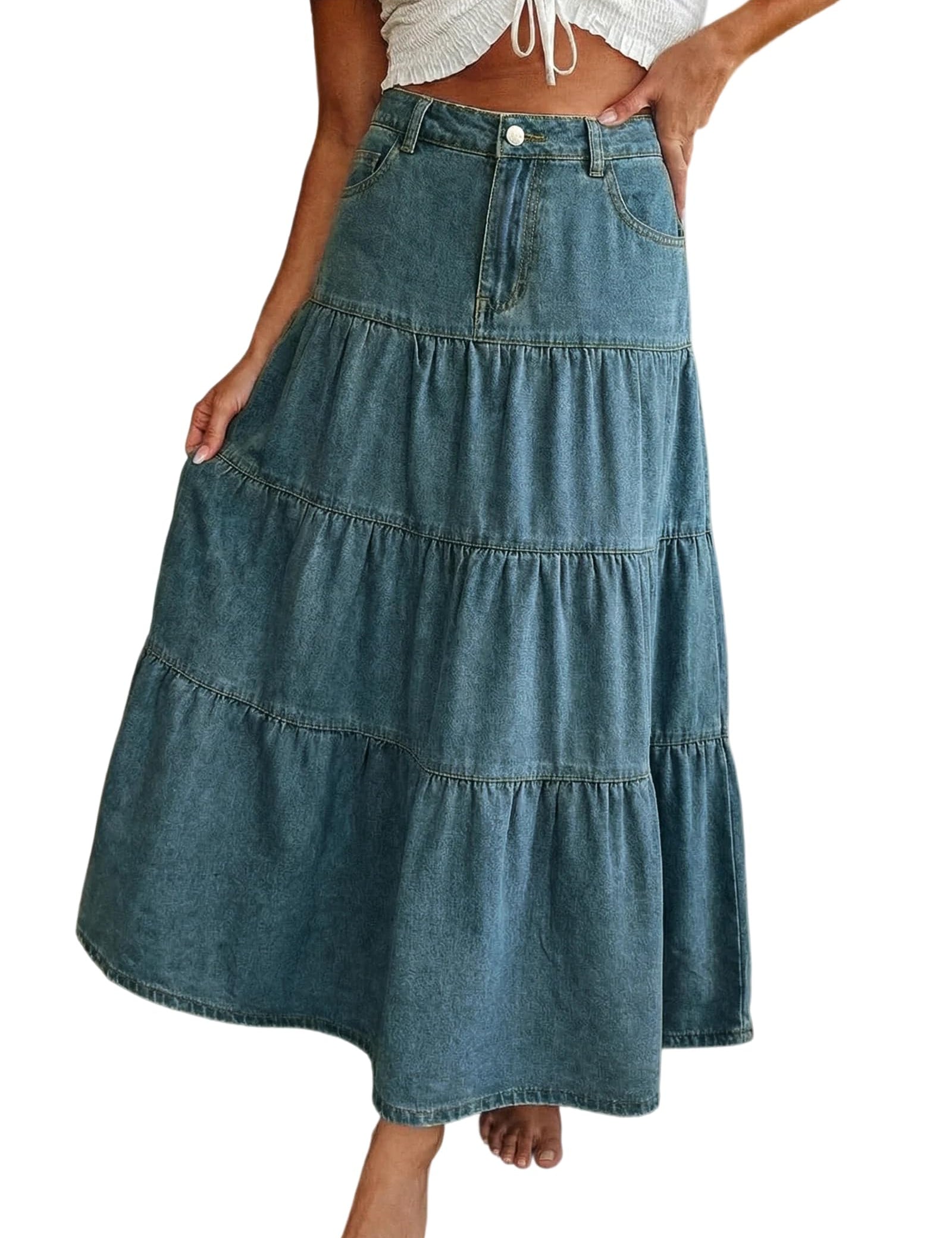 EMMIOL Long Denim Skirt for Women - High Waisted A-Line Jean Maxi Skirts Dark Wash Tiered Swing Jean Skirt with Pockets