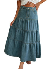 EMMIOL Long Denim Skirt for Women - High Waisted A-Line Jean Maxi Skirts Dark Wash Tiered Swing Jean Skirt with Pockets