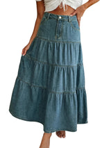 High Waisted A-Line Jean Maxi Skirts with Pockets