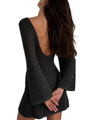 EMMIOL Swimsuit Coverup for Women Crochet V Neck Long Sleeves Beach Dress | Backless Bathing Suit Bikini Vacation Swimwear