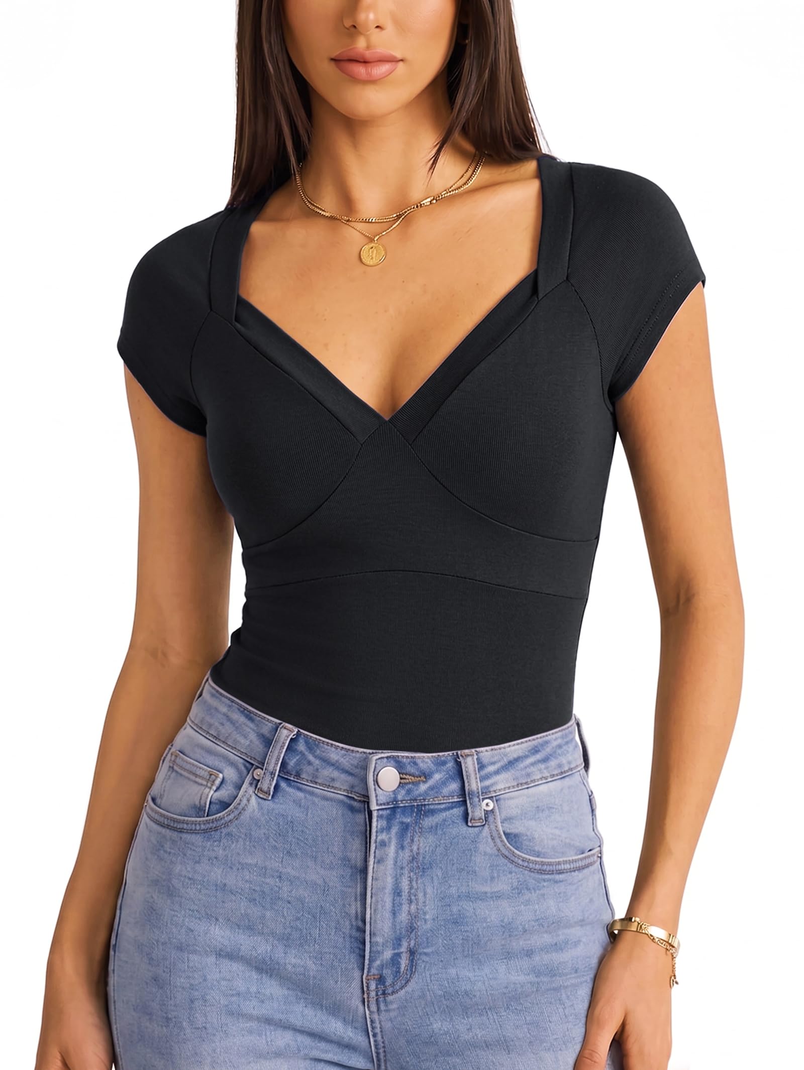 EMMIOL Y2k Fairy Grunge Short Sleeve Shirts For Women | Vintage Cute Summer V Neck Crop Tops Emo Gothic Clothes Going Out Tops